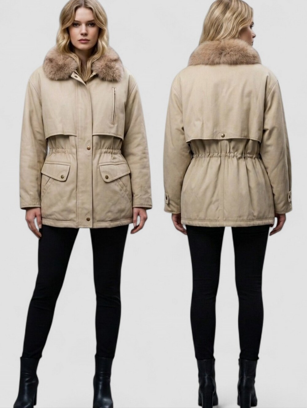 GUY LAROCHE Fox Fur Collar Drawstring Jacket - Size S